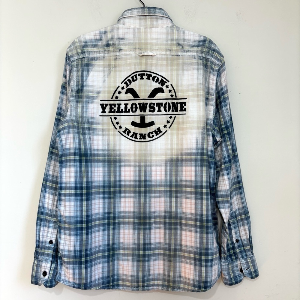 American Eagle Men Medium blue white plaid  graphic back button up flannel shirt
